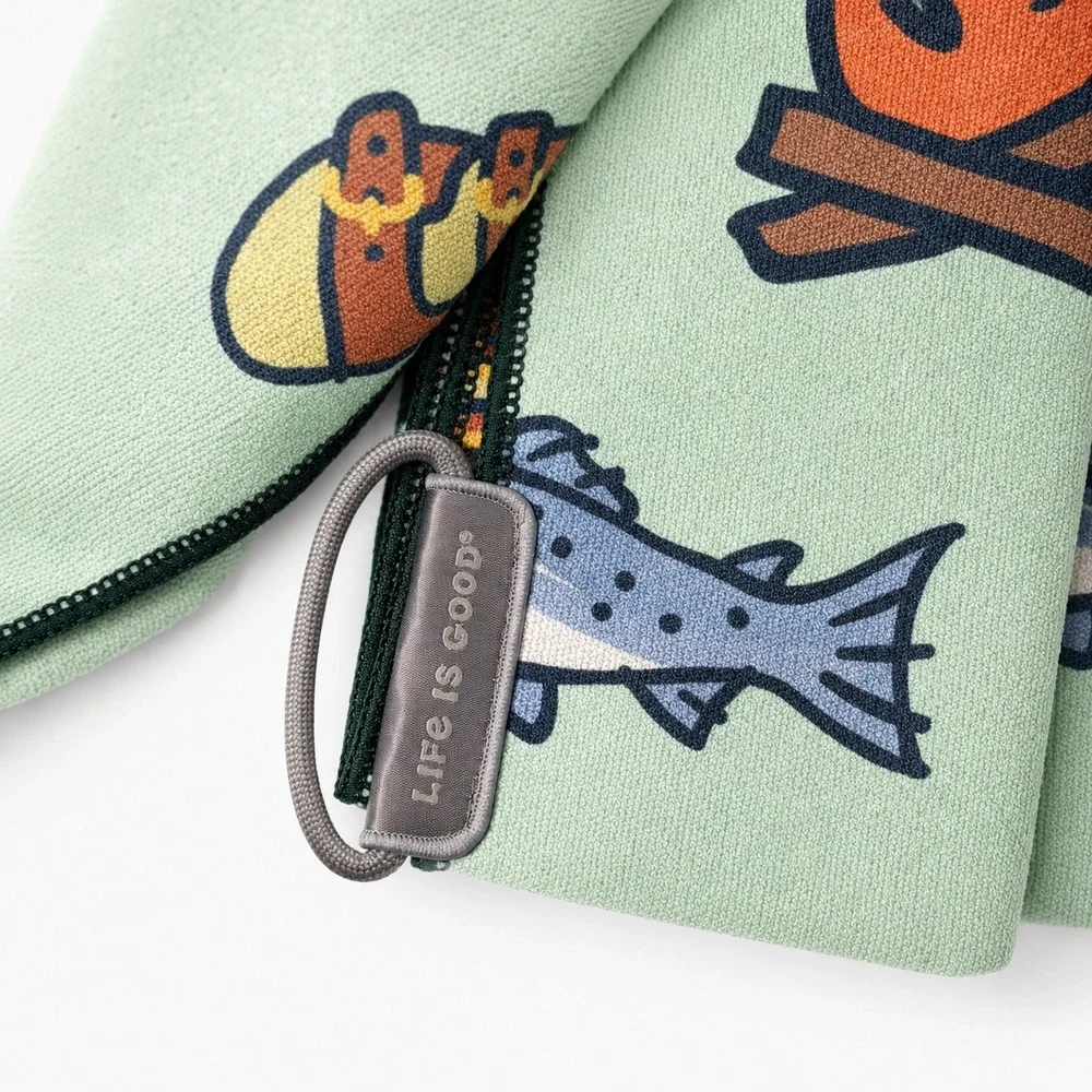 Life is Good Micro Terry Quick-Dry Towel Green Camping Print 72.5 x 30 in